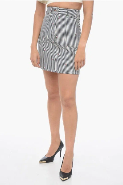 KENZO AWNING STRIPE DENIM MINISKIRT WITH EMBROIDERIES