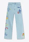 Kenzo Drawn Flowers Mid-rise Wide-leg Jeans In Blue