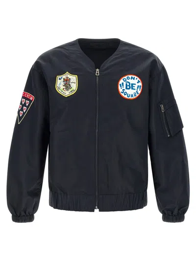 Kenzo Collarless Bomber Jacket Badges Zip Pocket In Black