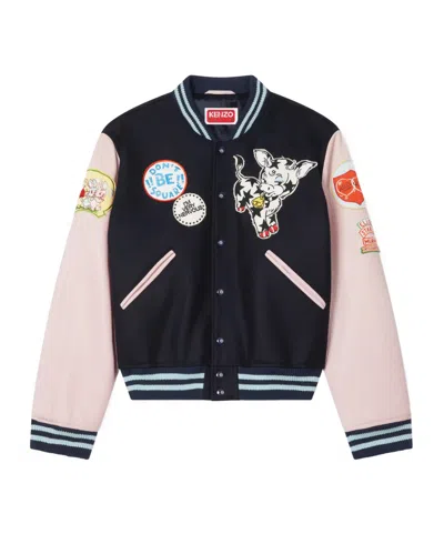 Kenzo ' Badges' Embroidered Varsity Jacket In Wool In Blue