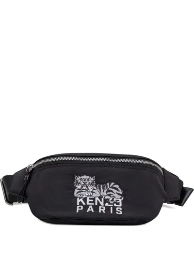 KENZO KENZO BLACK BELT BAG WITH LOGO AND TIGER PRINTED