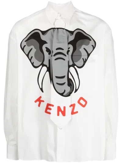 Kenzo Elephant Cotton Poplin Shirt W/tie In White