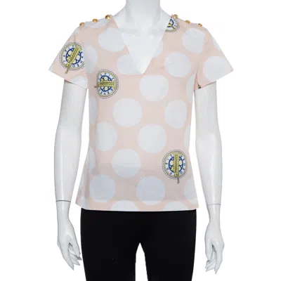 Pre-owned Kenzo Beige Polka Dot Logo Printed Cotton V-neck Top S