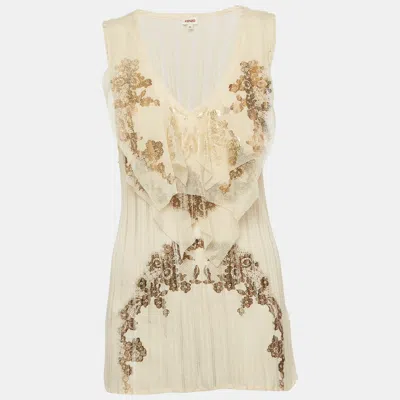 Pre-owned Kenzo Beige Printed Jersey And Mesh Ruffle Trimmed T-shirt Xl