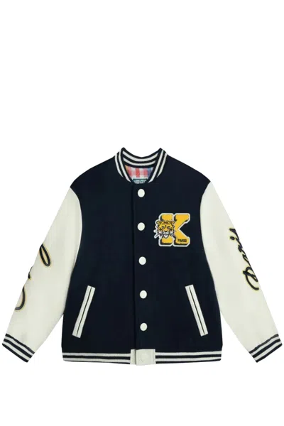 Kenzo Kids' Bi-material Bomber Jacket Embroidered Campus In Blue