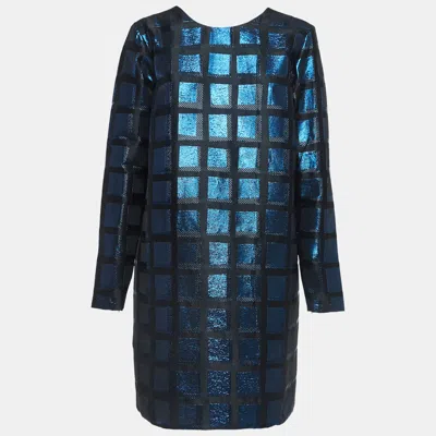 Pre-owned Kenzo Black & Blue Metallic Square Jacquard Shift Dress L