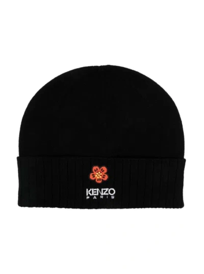 Kenzo Black Beanie With Ribbed Hem And Contrasting Logo In Wool