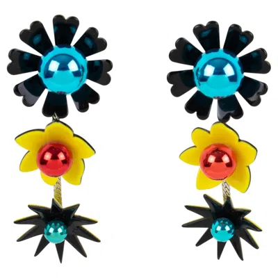 Pre-owned Kenzo Black, Blue And Yellow Acrylic Floral Dangle Pierced Earrings