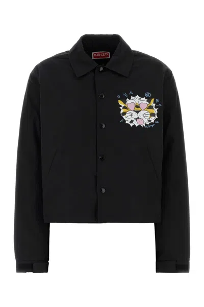 Kenzo Cotton Blend Jacket Collared Neck Pockets In Black