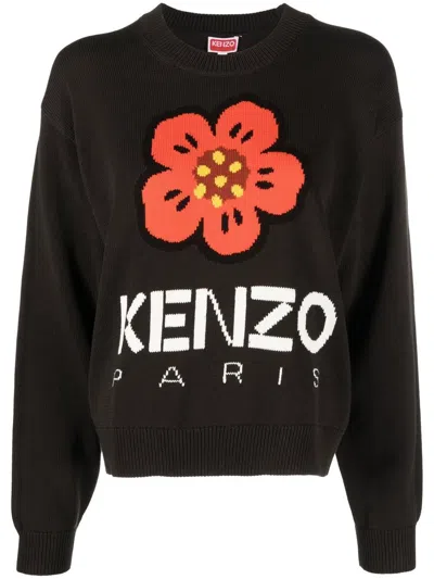 Kenzo Black Cotton Jumper With Signature Flower Motif
