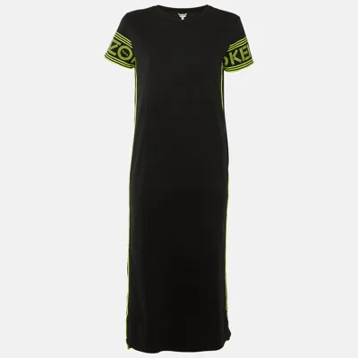 Pre-owned Kenzo Black Cotton Knit Contrast Logo Detail Midi Dress M
