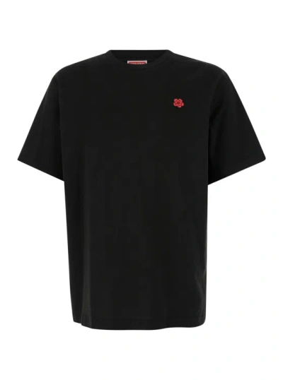 Kenzo Black Crewneck T-shirt With Boke Flowers In Cotton