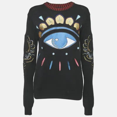 Pre-owned Kenzo Black Eye Embroidered Wool Knit Long Sleeve Sweater S