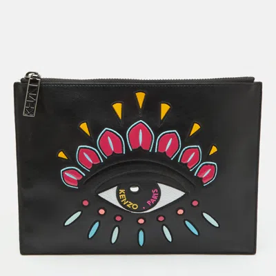 Pre-owned Kenzo Black Eye Leather Zip Pouch