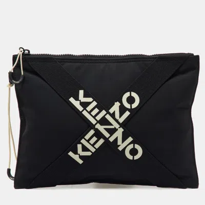 Pre-owned Kenzo Black Fabric Criss Cross Logo Print Zip Pouch