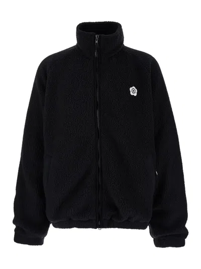 KENZO BLACK HIGH NECK JACKET WITH LOGO PATCH IN FLEECE MAN KENZO