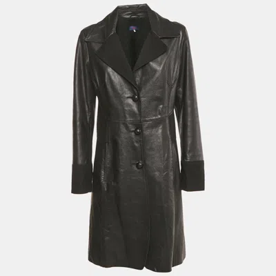Pre-owned Kenzo Black Leather And Cotton Trim Coat M