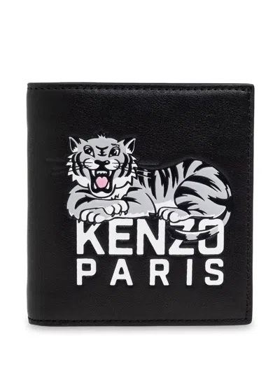 Kenzo Black Leather Wallet In Blue