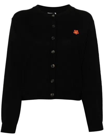 Kenzo Flower Embroidered Wool Cardigan In Black