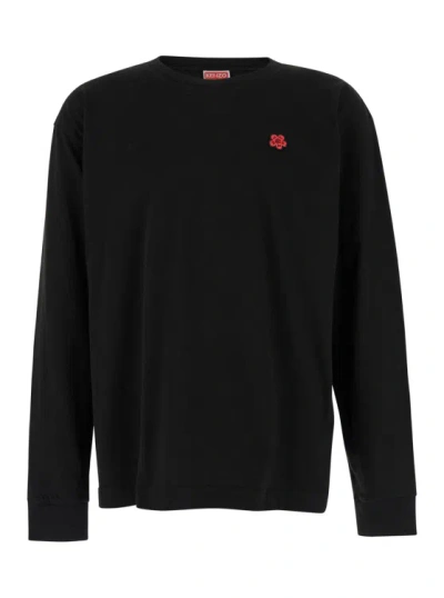 Kenzo Black Long Sleeve T-shirt With Boke Flower Patch In Cotton