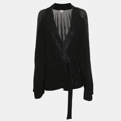 Pre-owned Kenzo Black Metallic Satin And Knit Belted Cardigan M