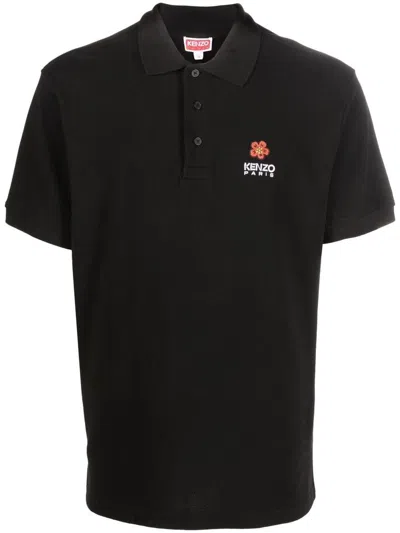 KENZO BLACK POLO SHIRT IN PIQUET WITH BROKE FLOWER CREST EMBROIDEY  TO THE CHEST KENZO MAN