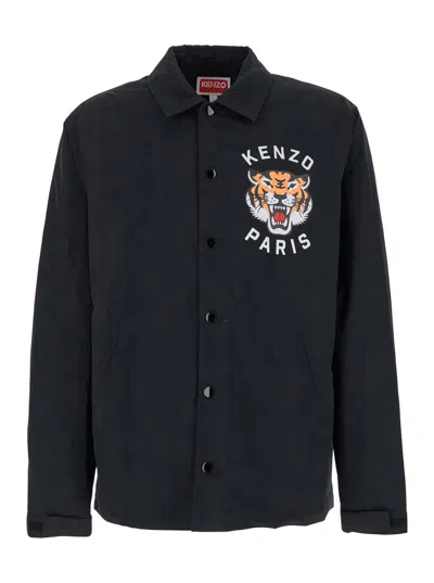 Kenzo Black Overshirt With Tiger Embroidery In Tech Fabric Man In Multicolor