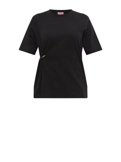 KENZO KENZO BLACK T-SHIRT WITH PIN ON THE RIGHT SIDE
