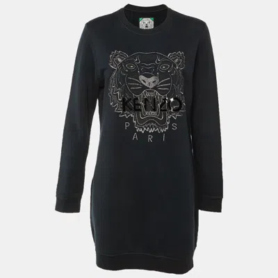 Pre-owned Kenzo Black Tiger Embroidered Cotton Knit Dress L