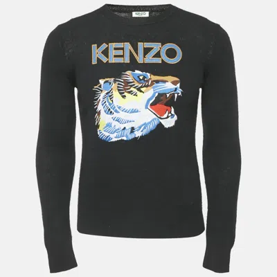 Pre-owned Kenzo Black Tiger Logo Embroidery Wool Blend Knit Jumper Xs
