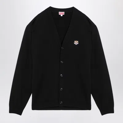 Kenzo Black Wool Cardigan With Logo Patch