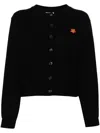 KENZO BLACK WOOL RIBBED KNIT CARDIGAN WITH BOKE FLOWER PATCH