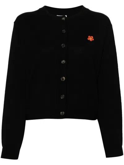 KENZO BLACK WOOL RIBBED KNIT CARDIGAN WITH BOKE FLOWER PATCH