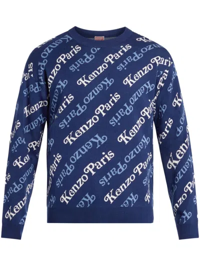 Kenzo Blue All-over Logo Print Sweater For Men In Navy
