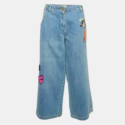 Pre-owned Kenzo Blue Applique Detail Denim Wide-leg Jean L Waist 34"