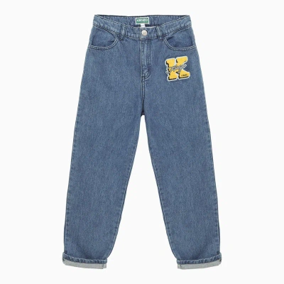 Kenzo Kids' Blue Denim Jeans With Logo Patch In Grey