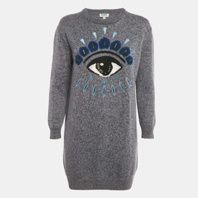 Pre-owned Kenzo Blue Eye Intarsia Wool Knit Mini Sweater Dress S