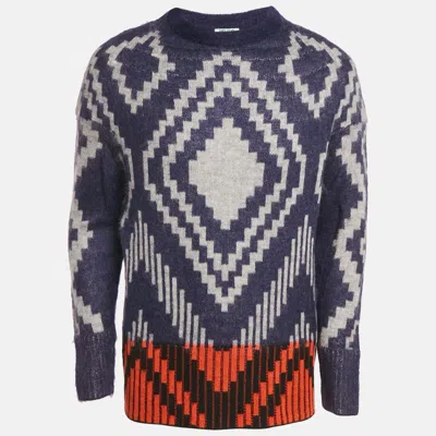 Pre-owned Kenzo Blue Geometric Intarsia Mohair Wool Blend Sweater S