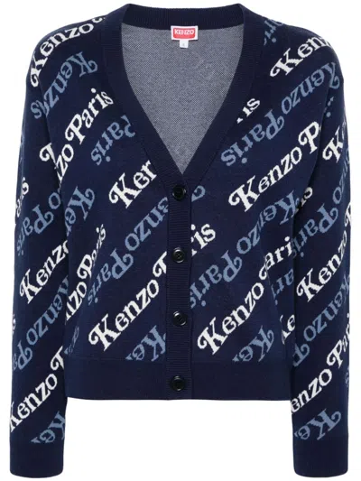 Kenzo Blue Intarsia Knit Logo Cardigan For Women In Navy