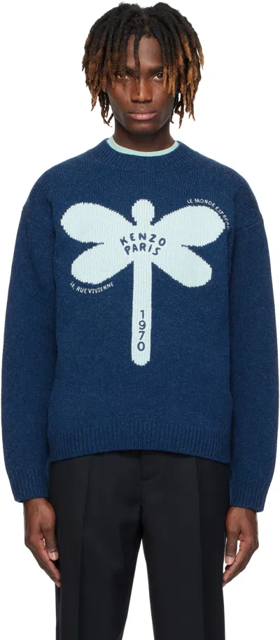 Kenzo Blue  Paris ' Dragonfly' Embroidered Wool Sweater