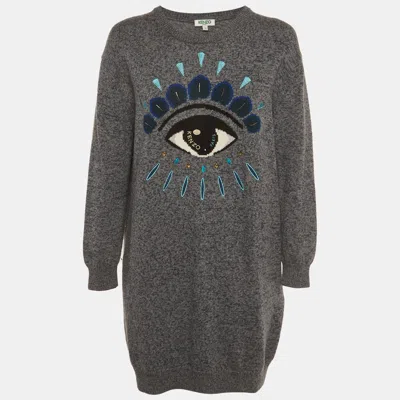 Pre-owned Kenzo Blue Logo Eye Intarsia Wool Knit Mini Sweater Dress L
