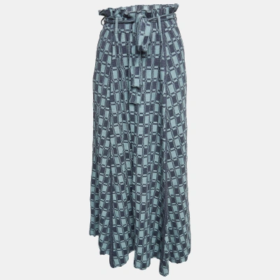 Pre-owned Kenzo Blue Monogram Pattern Knit Belted Midi Skirt M