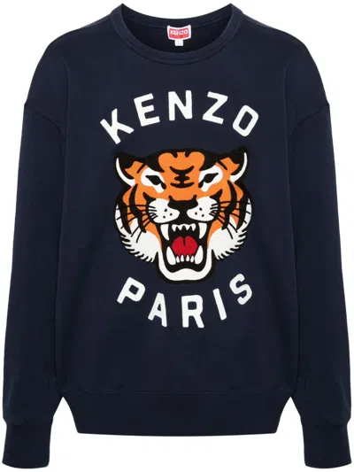 Kenzo Blue Multicolour Cotton Sweatshirt With Signature Tiger Head Motif In Navy