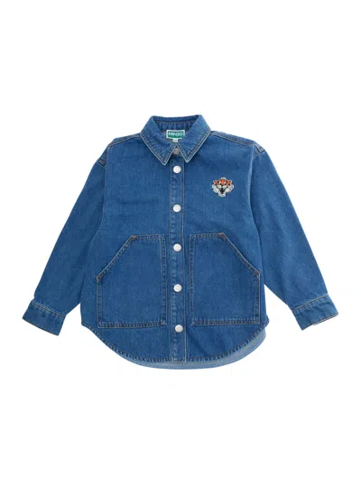 Kenzo Blue Denim Shirt For Kids With Tiger And Logo