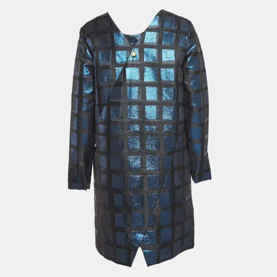 Pre-owned Kenzo Blue Square Lurex V-neck Shift Dress L