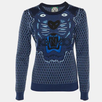 Pre-owned Kenzo Blue Tiger Embroidered Wool Crew Neck Sweater M