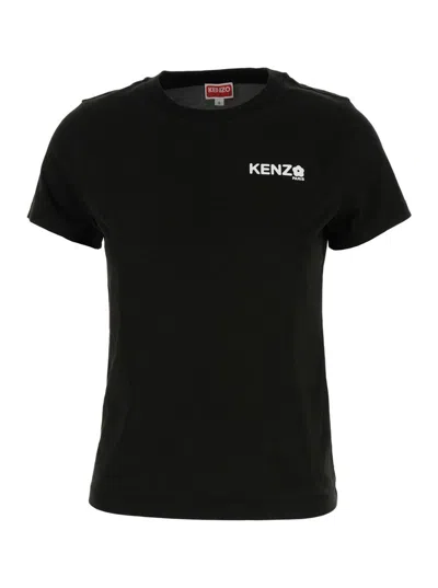 KENZO BLACK CREWNECK T-SHIRT WITH PRINTED LOGO  IN COTTON WOMAN