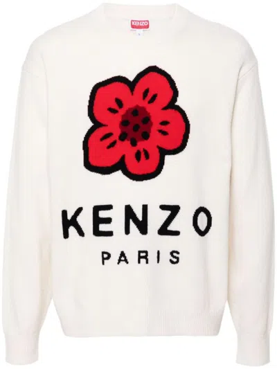 Kenzo Boke Flower Crewneck Sweater In White Wool