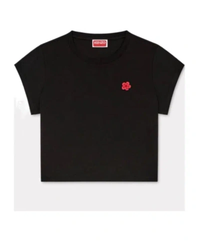 Kenzo Boke Flower Cropped Embroidered T-shirt In Black