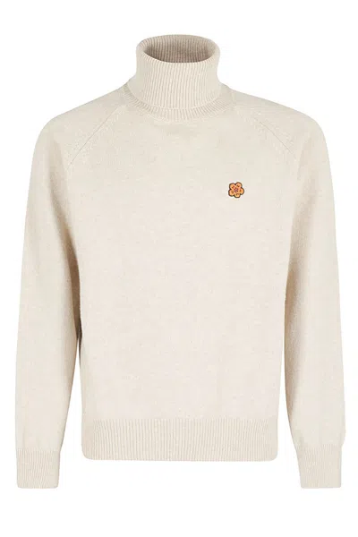 Kenzo 'boke Flower' Embroidered Turtleneck Jumper In Wool In Beige